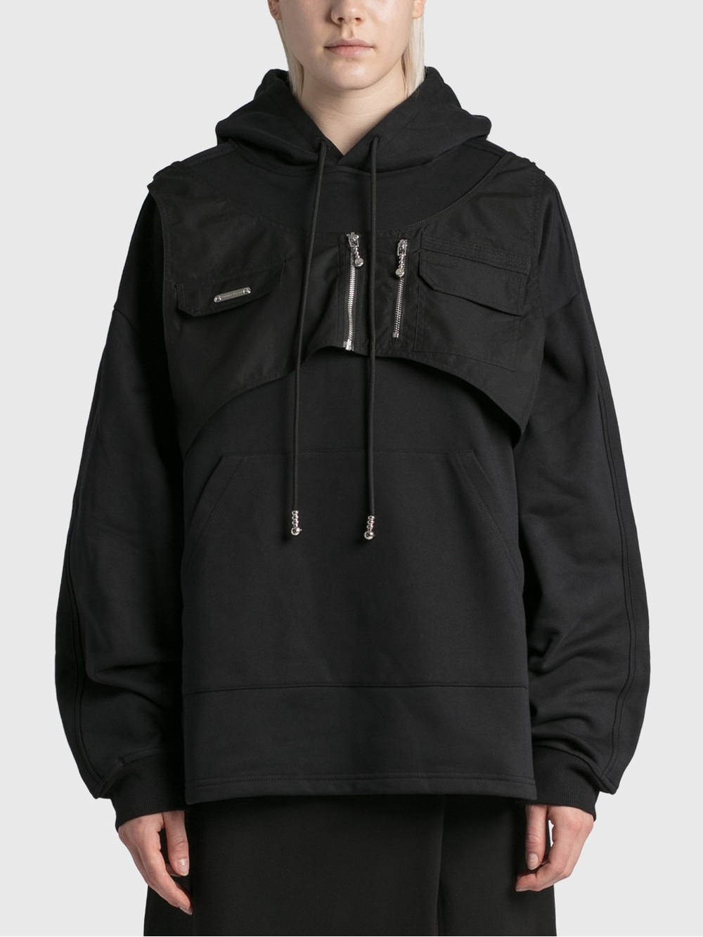Black Hooded Layered Pocket Pullover Hoodie